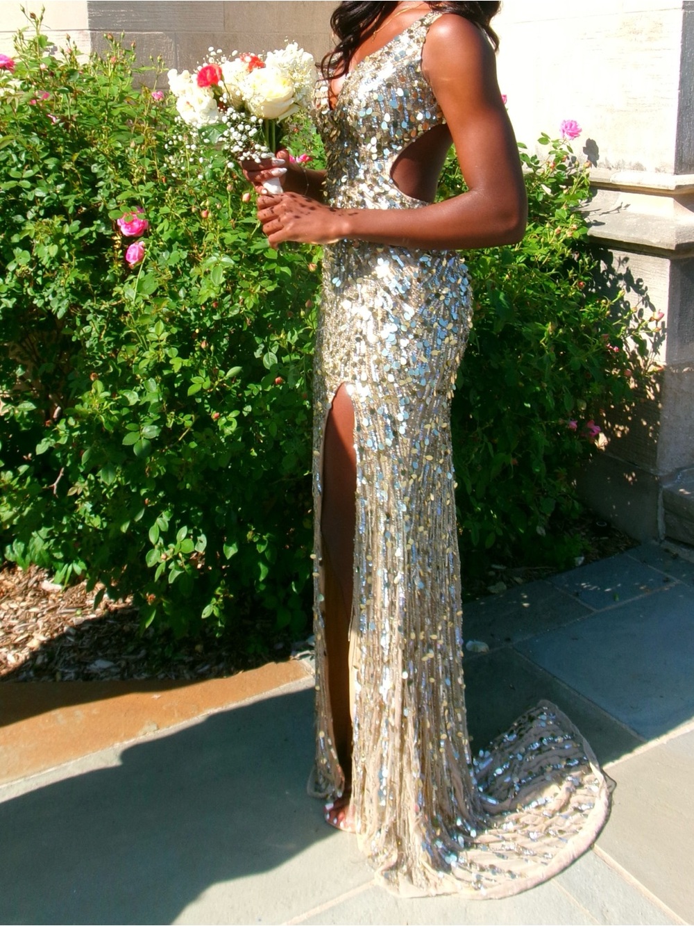 Jovani Gold Sequin Plunging V-Neck Evening Gown with Thigh Slit - Picture 4 of 4